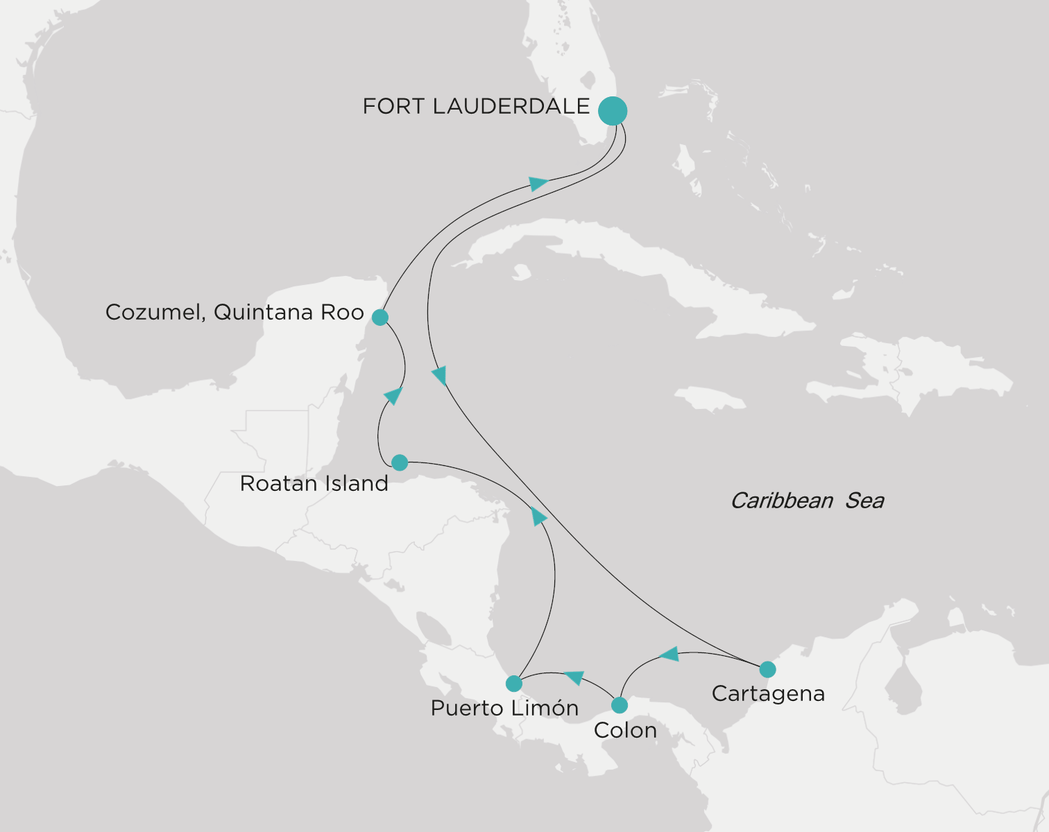 Crystal Serenity voyage CSE-010-280108 itinerary map from Fort Lauderdale to Fort Lauderdale