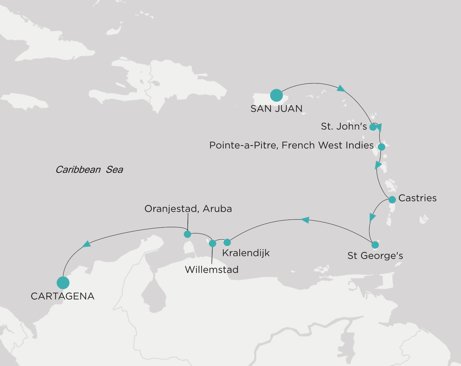 Crystal Serenity voyage CSE-010-280219 itinerary map from San Juan to Cartagena