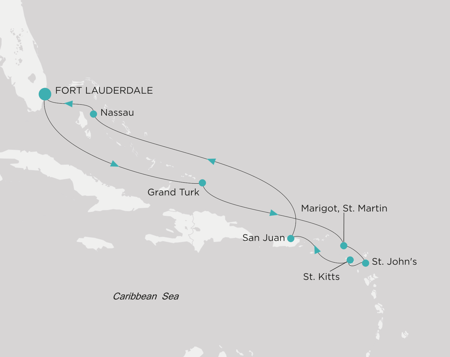 Crystal Serenity voyage CSE-010-280310 itinerary map from Fort Lauderdale to Fort Lauderdale