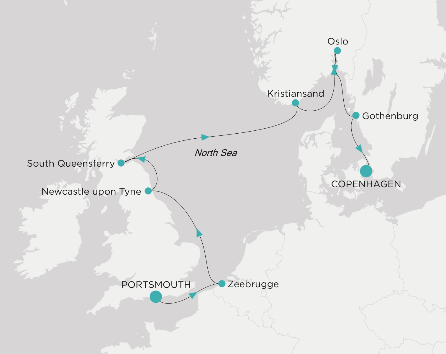 Crystal Serenity voyage CSE-010-280818 itinerary map from Portsmouth to Copenhagen