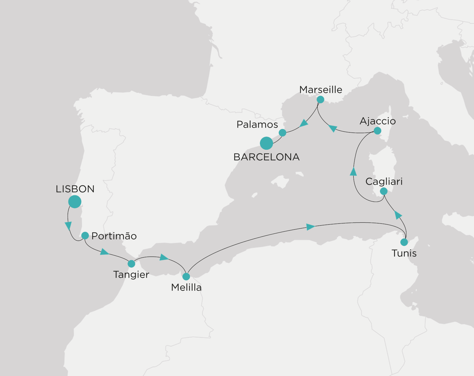 Crystal Serenity voyage CSE-010-280929 itinerary map from Lisbon to Barcelona