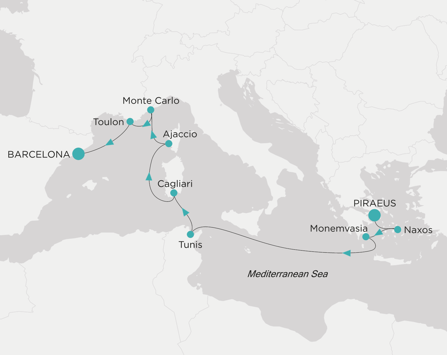 Crystal Serenity voyage CSE-011-280521 itinerary map from Piraeus (Athens) to Barcelona