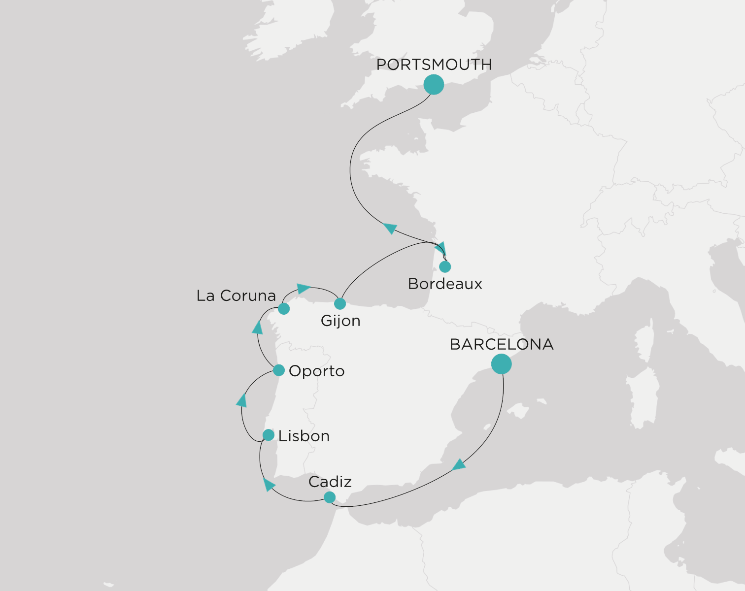 Crystal Serenity voyage CSE-012-280608 itinerary map from Barcelona to Portsmouth