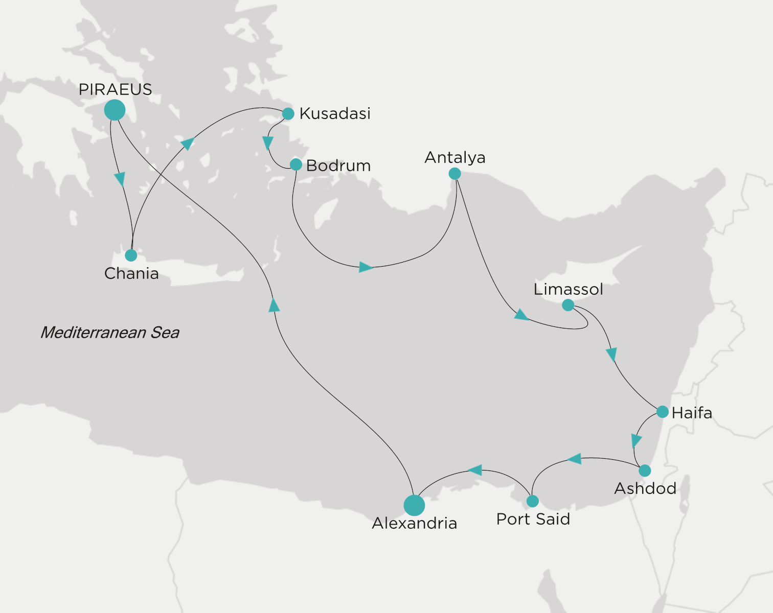 Crystal Serenity voyage CSE-012-281023 itinerary map from Piraeus (Athens) to Piraeus (Athens)