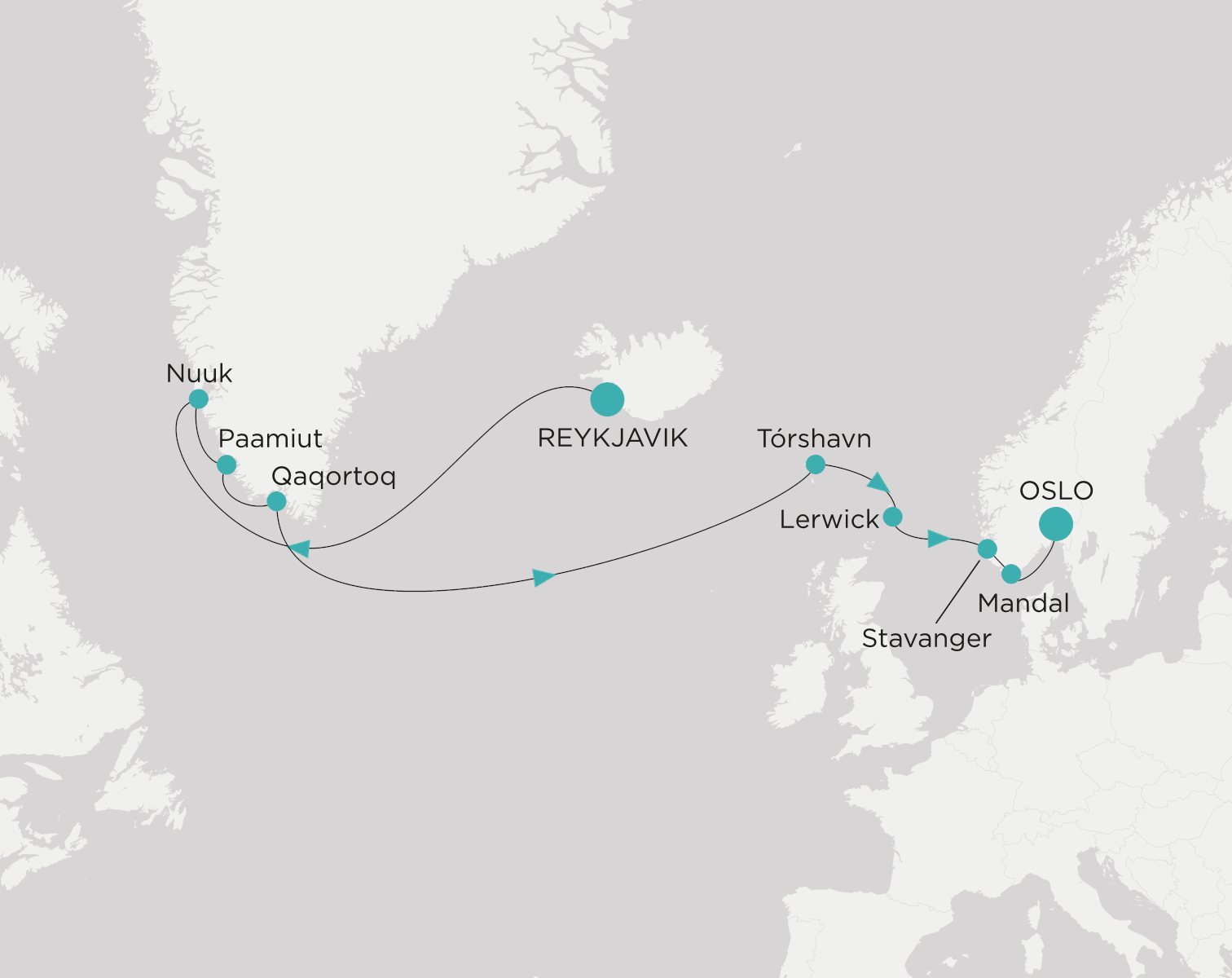 Crystal Serenity voyage CSE-014-280709 itinerary map from Reykjavik to Oslo
