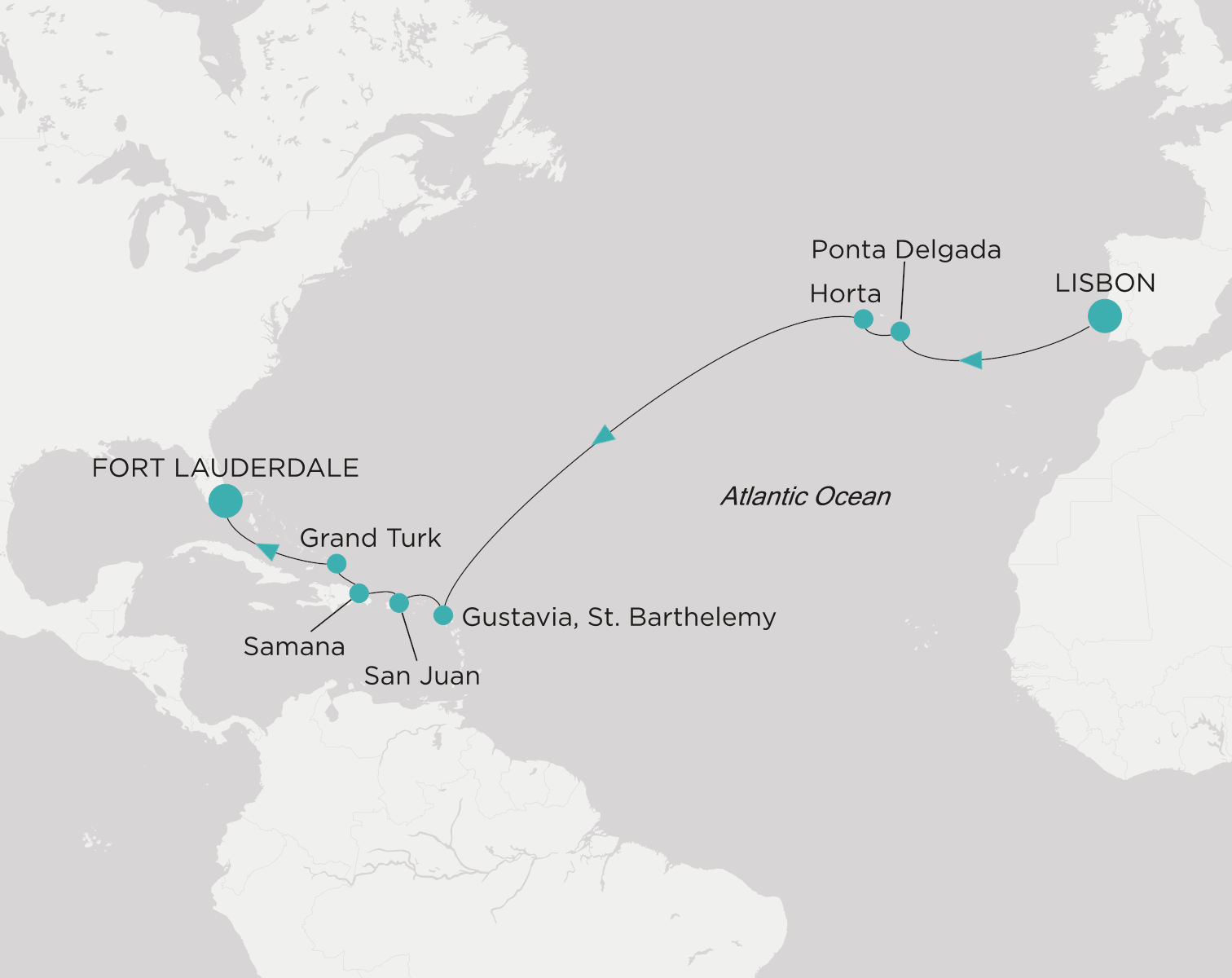 Crystal Serenity voyage CSE-014-281120 itinerary map from Lisbon to Fort Lauderdale