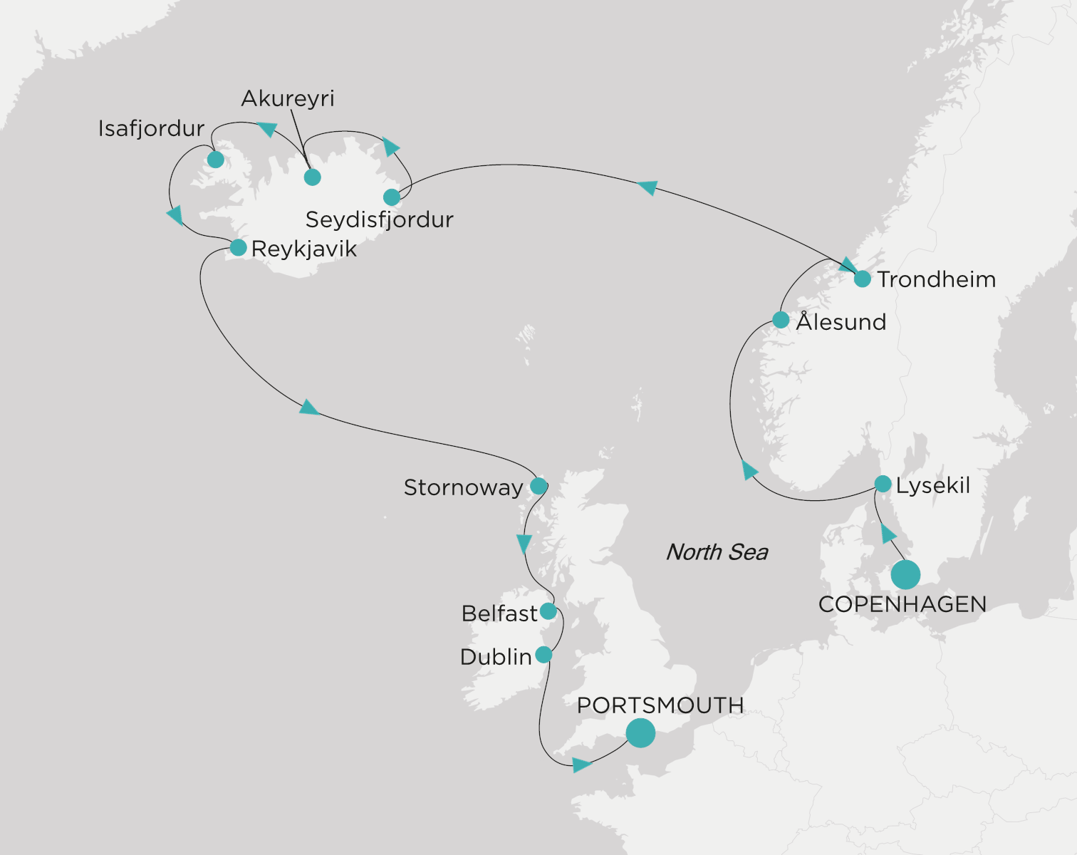 Crystal Serenity voyage CSE-016-280802 itinerary map from Copenhagen to Portsmouth