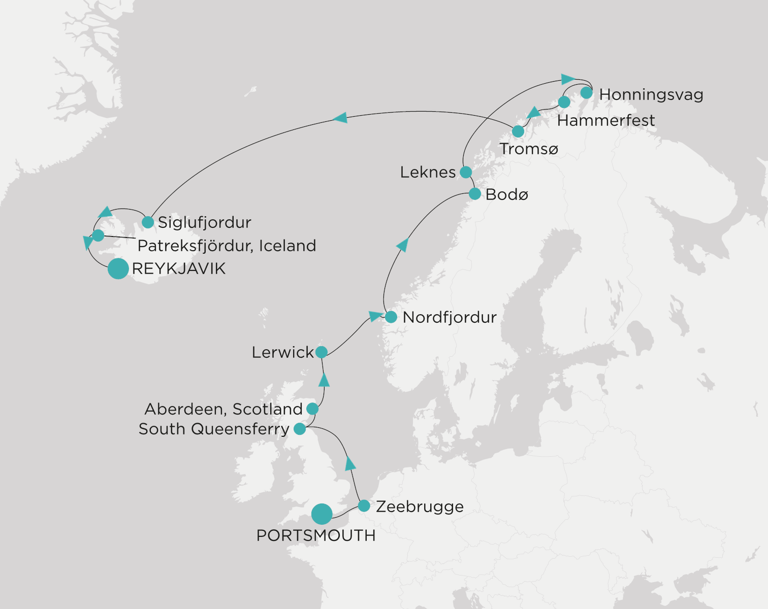 Crystal Serenity voyage CSE-019-280620 itinerary map from Portsmouth to Reykjavik