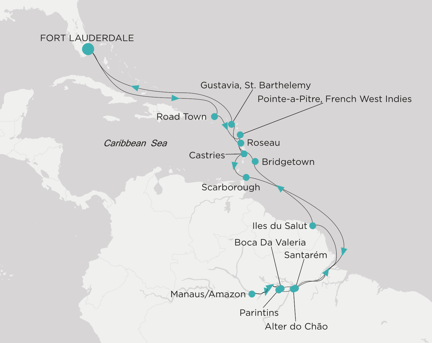 Crystal Serenity voyage CSE-025-280118 itinerary map from Fort Lauderdale to Fort Lauderdale