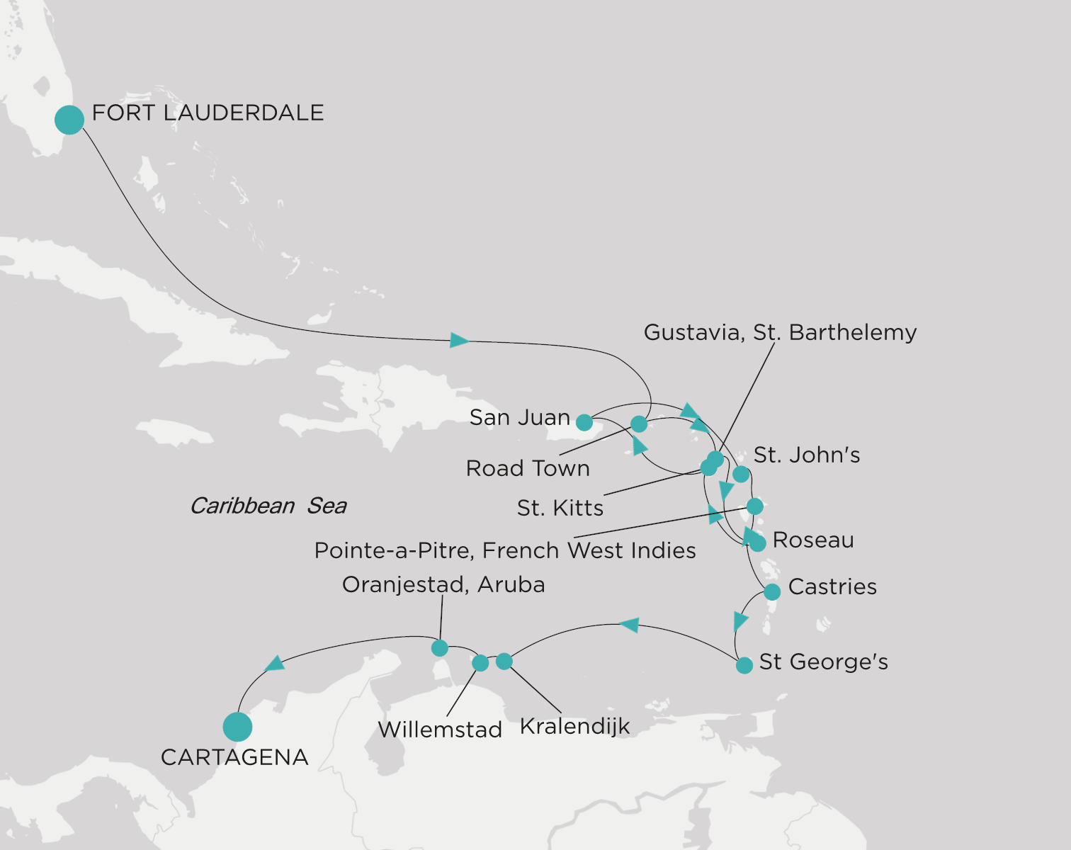 Crystal Serenity voyage CSE-C17-280212 itinerary map from Fort Lauderdale to Cartagena