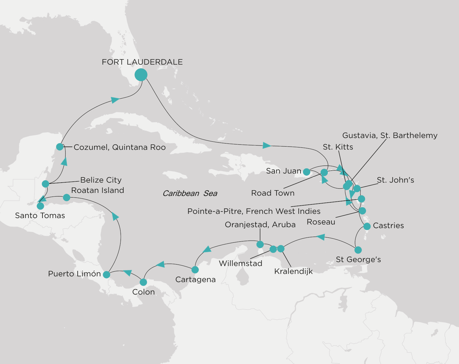 Crystal Serenity voyage CSE-C27-280212 itinerary map from Fort Lauderdale to Fort Lauderdale