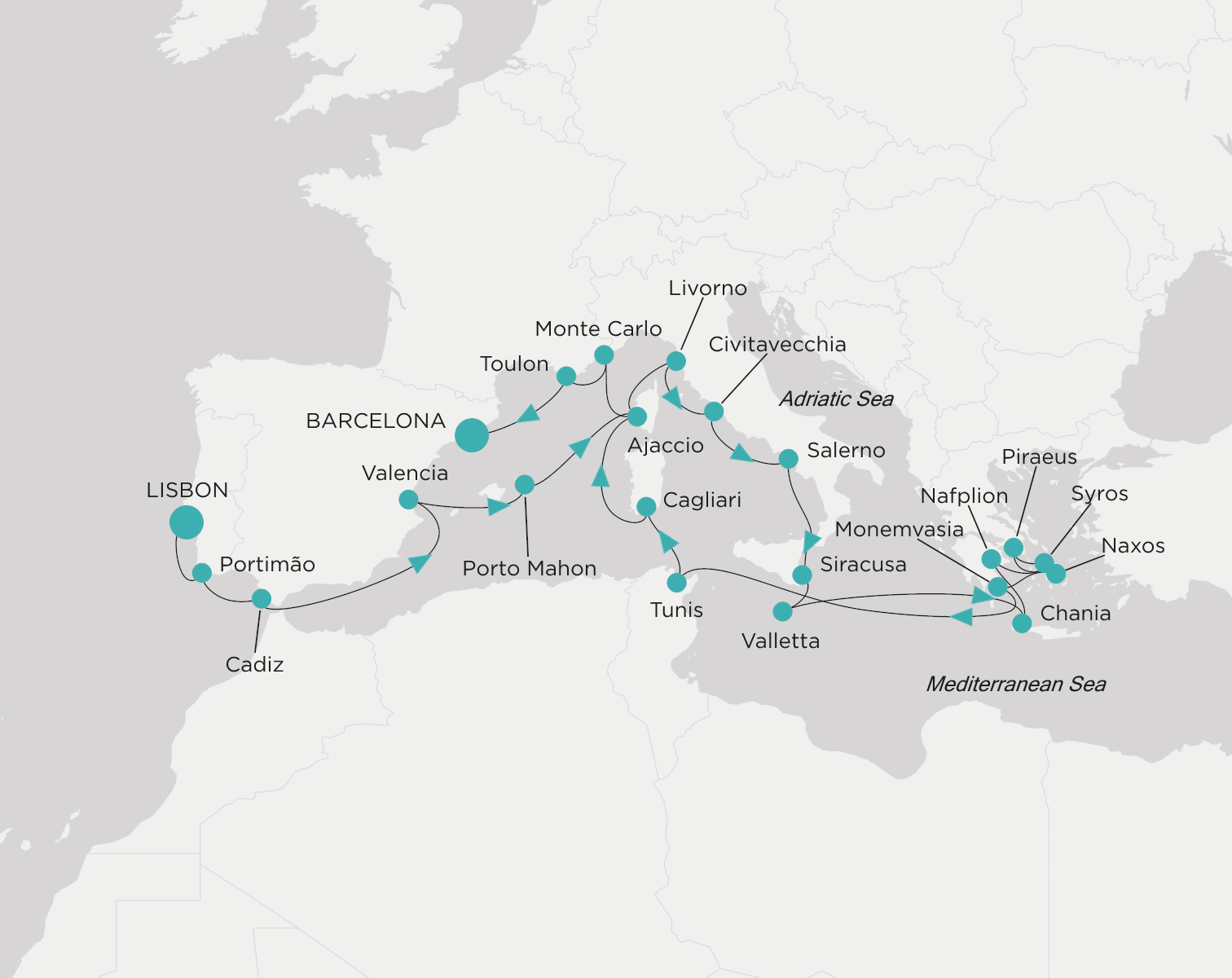 Crystal Serenity voyage CSE-C27-280505 itinerary map from Lisbon to Barcelona