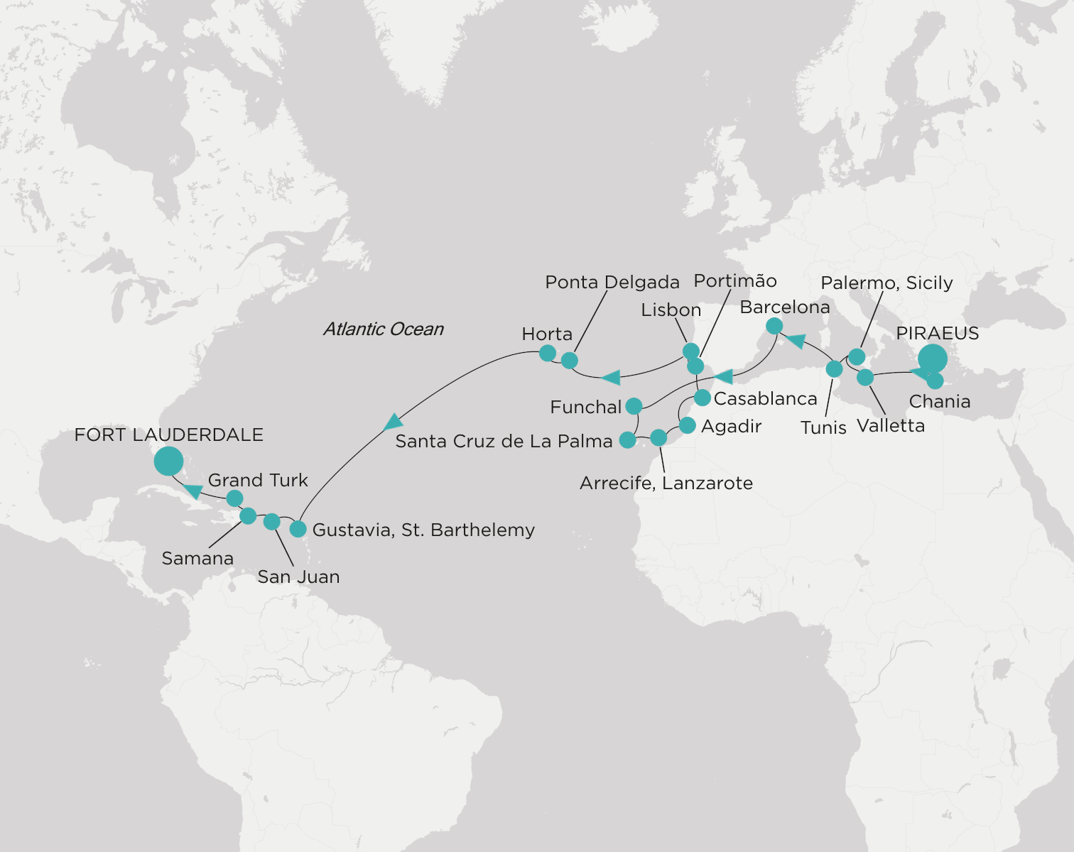 Crystal Serenity voyage CSE-C30-281104 itinerary map from Piraeus (Athens) to Fort Lauderdale