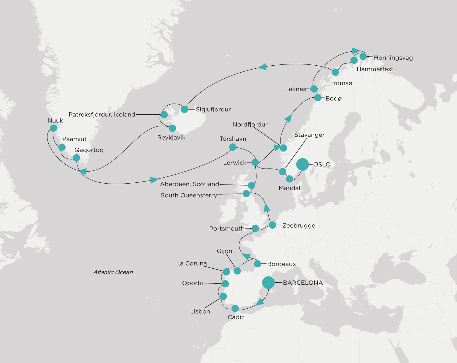 Crystal Serenity voyage CSE-C45-280608 itinerary map from Barcelona to Oslo