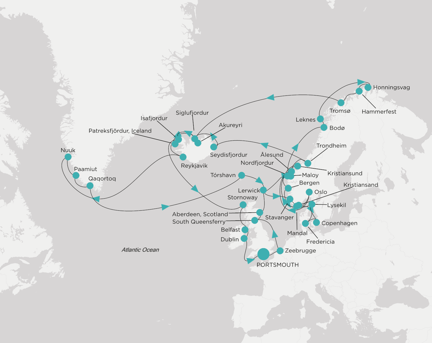 Crystal Serenity voyage CSE-G59-280620 itinerary map from Portsmouth to Portsmouth
