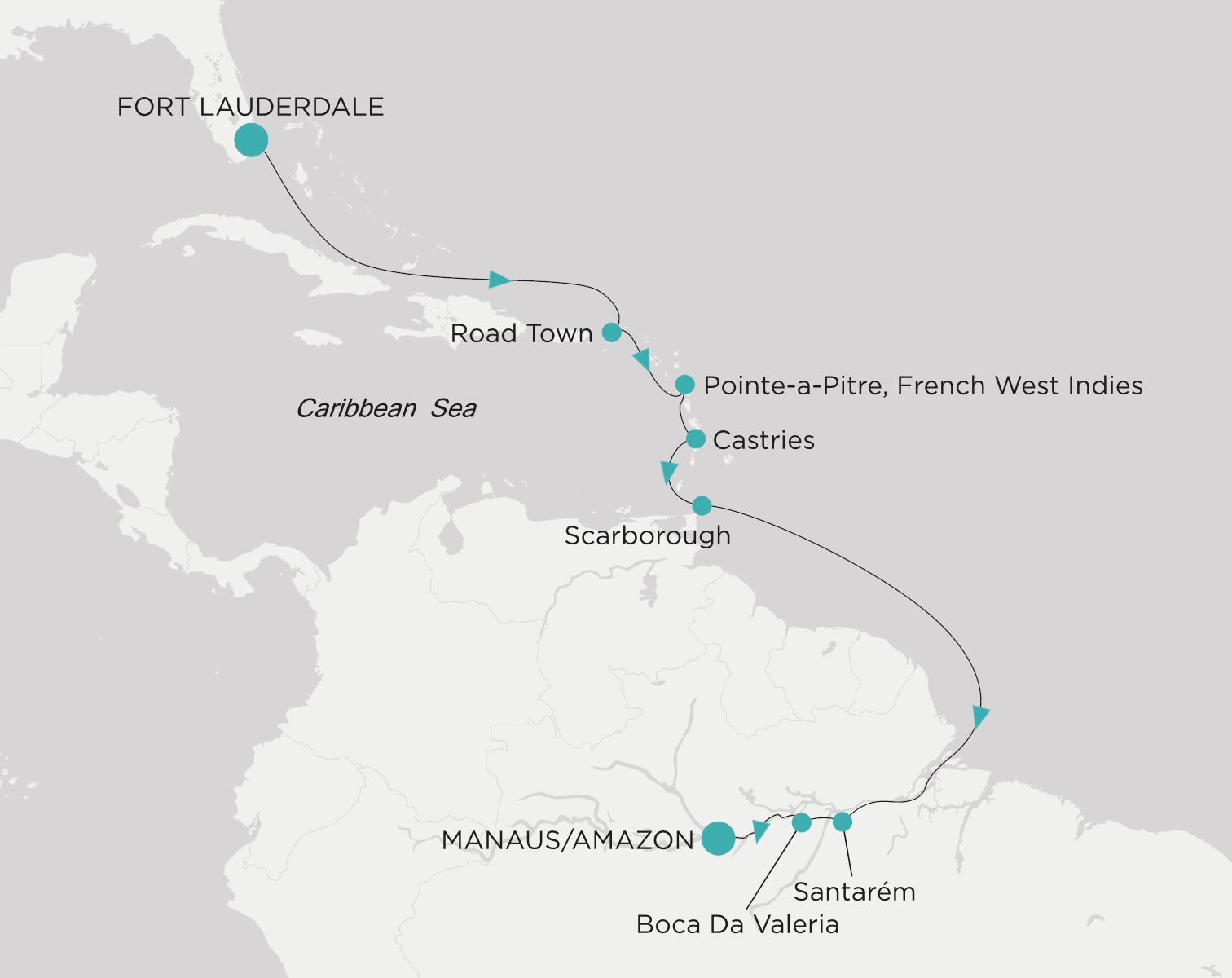 Crystal Serenity CSE-S12-280118 official itinerary map from Fort Lauderdale to Manaus (Amazon Rainforest)