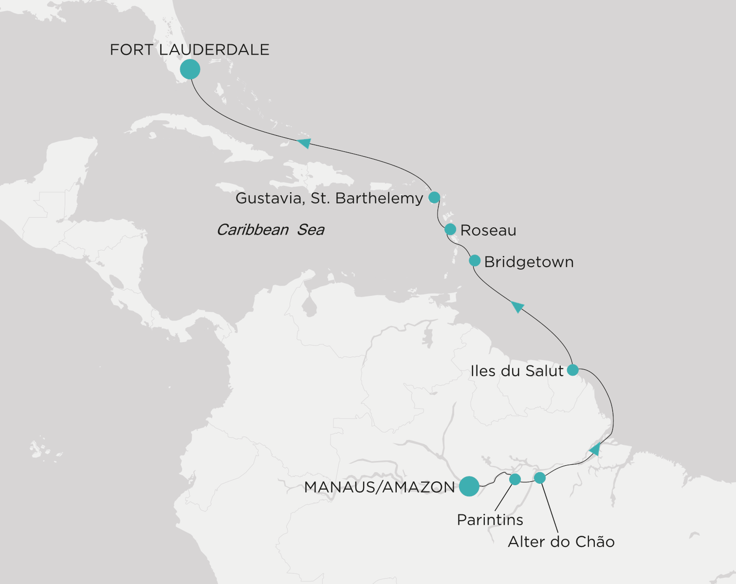 Crystal Serenity CSE-S13-280130 official itinerary map from Manaus (Amazon Rainforest) to Fort Lauderdale