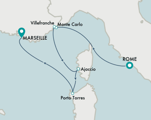 itinerary map of cruise Rome (Civitavecchia) to Marseille 