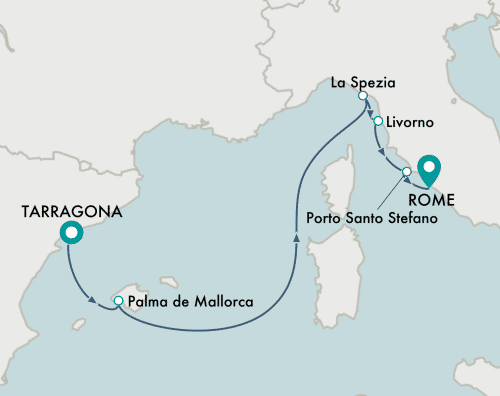 itinerary map of cruise Tarragona to Rome (Civitavecchia)