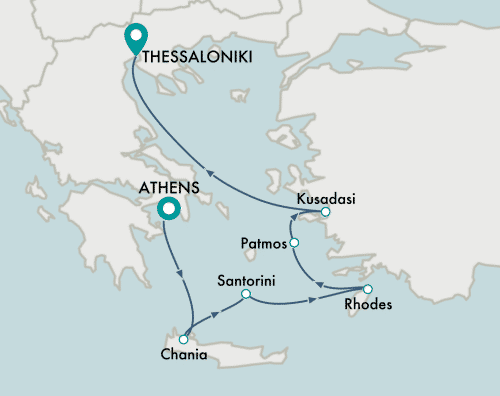 itinerary map of cruise Athens (Piraeus) to Thessaloniki