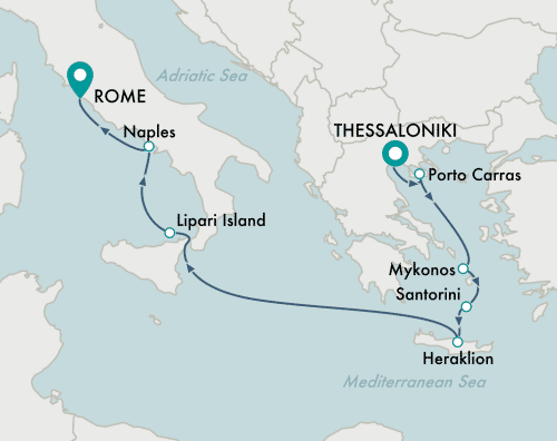 itinerary map of cruise Thessaloniki to Rome (Civitavecchia)
