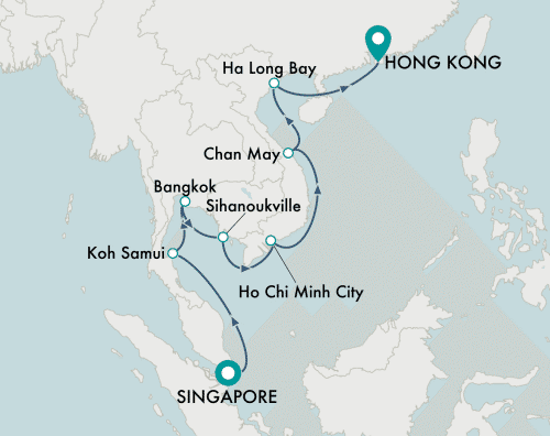itinerary map of cruise Singapore to Hong Kong