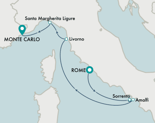 itinerary map of cruise Rome (Civitavecchia) to Monte Carlo