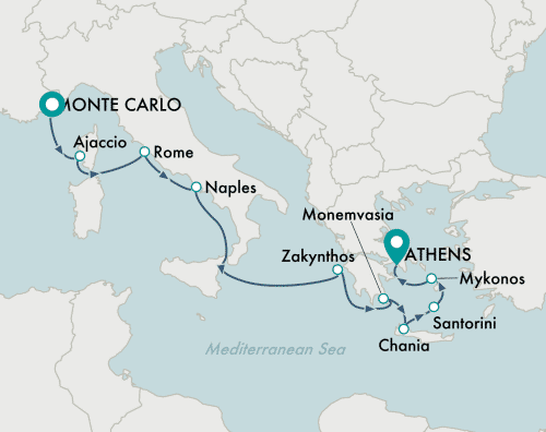 itinerary map of cruise Monte Carlo to Athens (Piraeus)