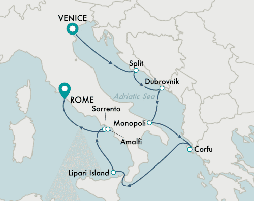 itinerary map of cruise Venice to Rome (Civitavecchia)