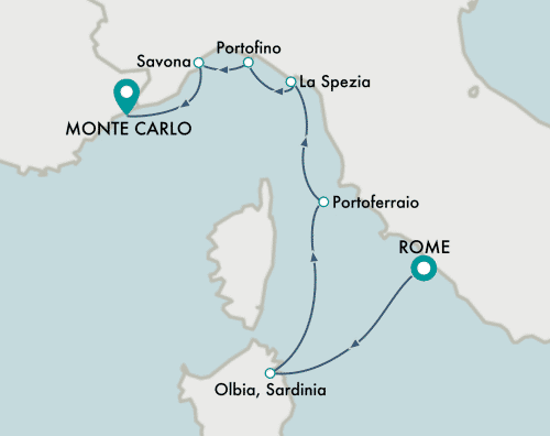 itinerary map of cruise Rome (Civitavecchia) to Monte Carlo