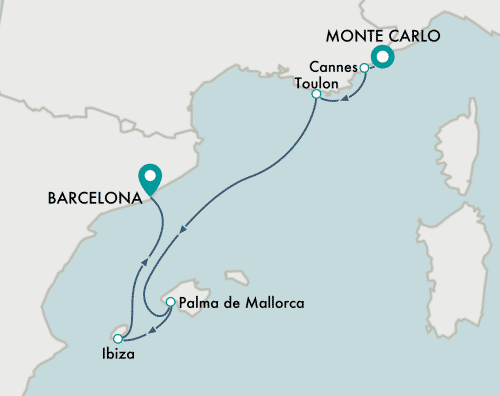 itinerary map of cruise Monte Carlo to Barcelona