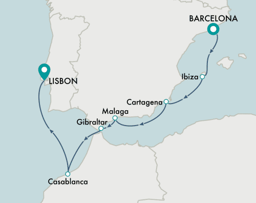 itinerary map of cruise Barcelona to Lisbon