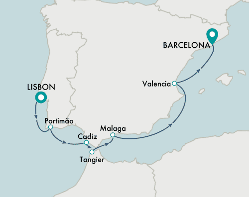 itinerary map of cruise Lisbon to Barcelona