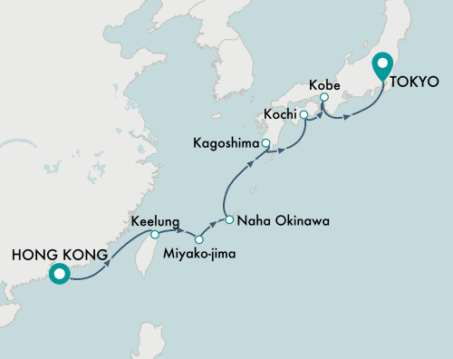 itinerary map of cruise Hong Kong to Tokyo (Yokohama)