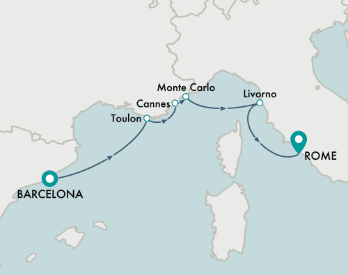 itinerary map of cruise Barcelona to Rome (Civitavecchia)