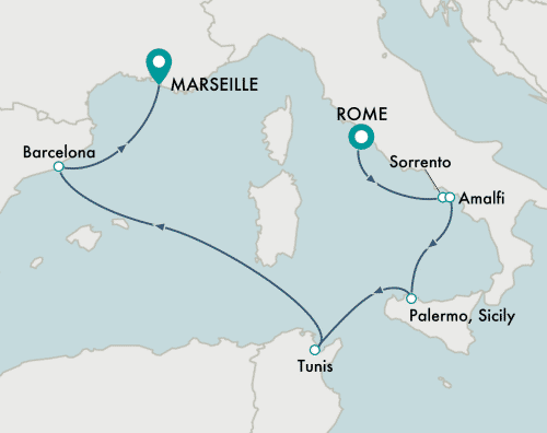 itinerary map of cruise Rome (Civitavecchia) to Marseille 