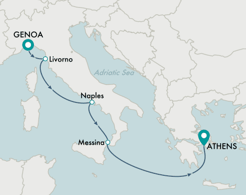 itinerary map of cruise Genoa to Athens (Piraeus)