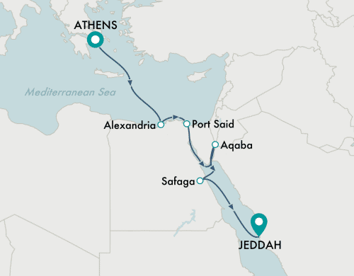itinerary map of cruise Athens (Piraeus) to Jeddah