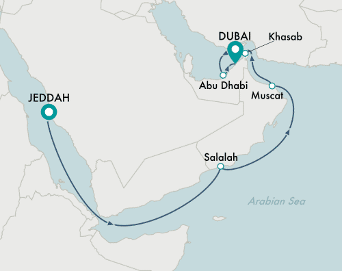 itinerary map of cruise Jeddah to Dubai
