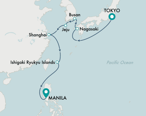 itinerary map of cruise Tokyo (Yokohama) to Manila