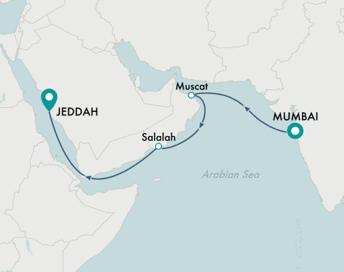 itinerary map of cruise Mumbai to Jeddah
