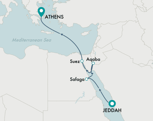 itinerary map of cruise Jeddah to Athens (Piraeus)