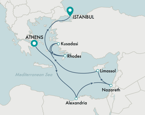 itinerary map of cruise Athens (Piraeus) to Istanbul