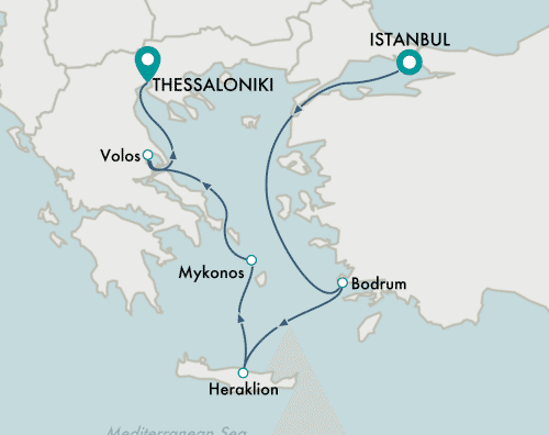 itinerary map of cruise Istanbul to Thessaloniki