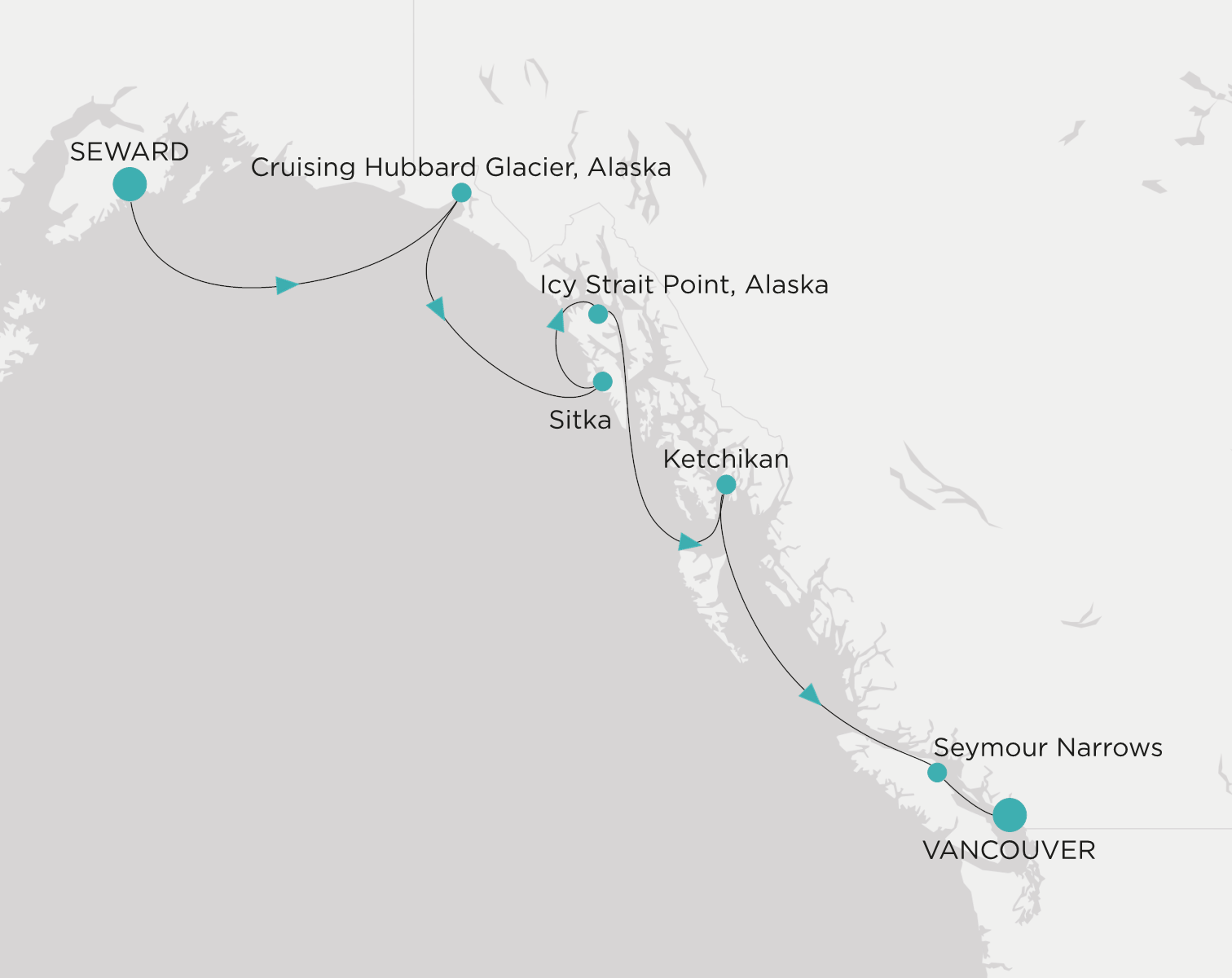 Crystal Symphony CSY-006-260718 official itinerary map from Seward (Anchorage, Alaska) to Vancouver