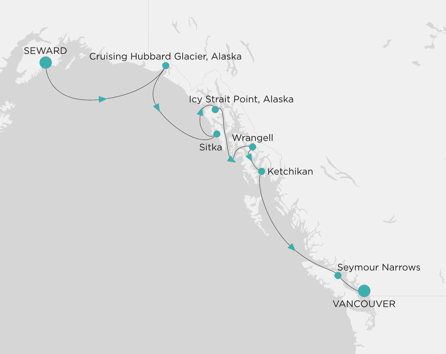 Crystal Symphony CSY-007-260623 official itinerary map from Seward (Anchorage, Alaska) to Vancouver
