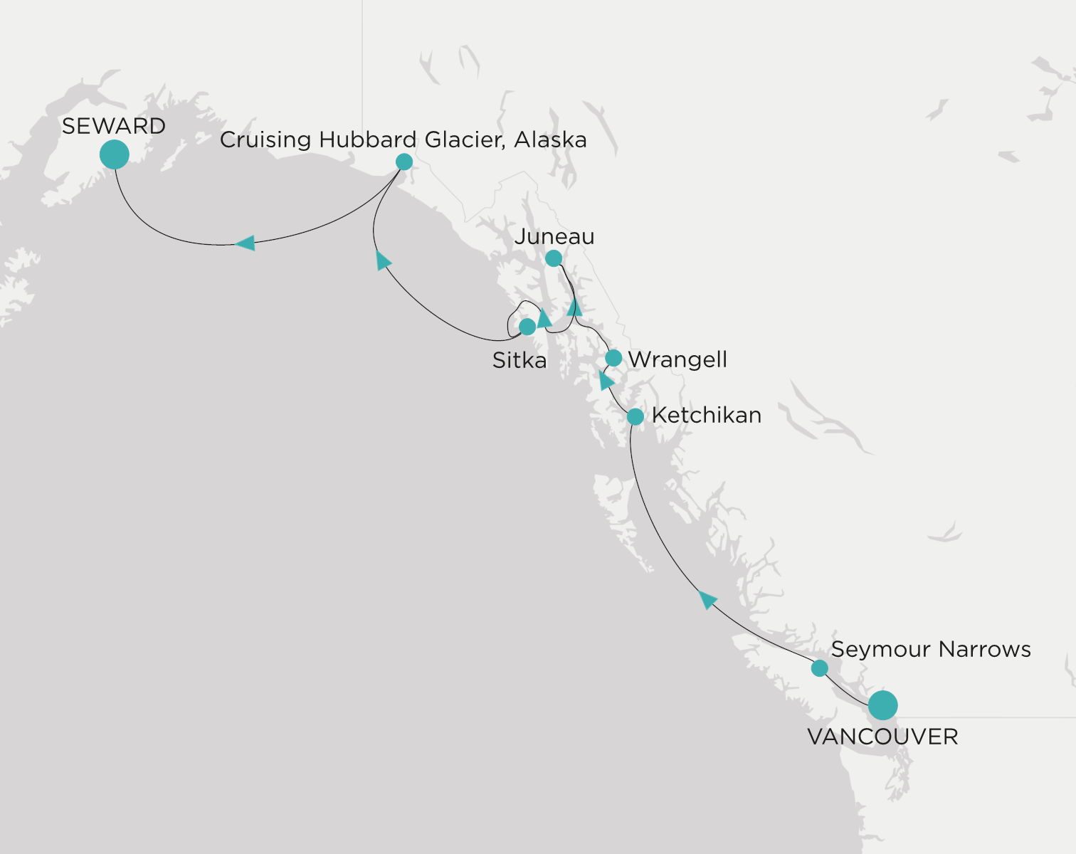 Crystal Symphony CSY-007-260711 official itinerary map from Vancouver to Seward (Anchorage, Alaska)