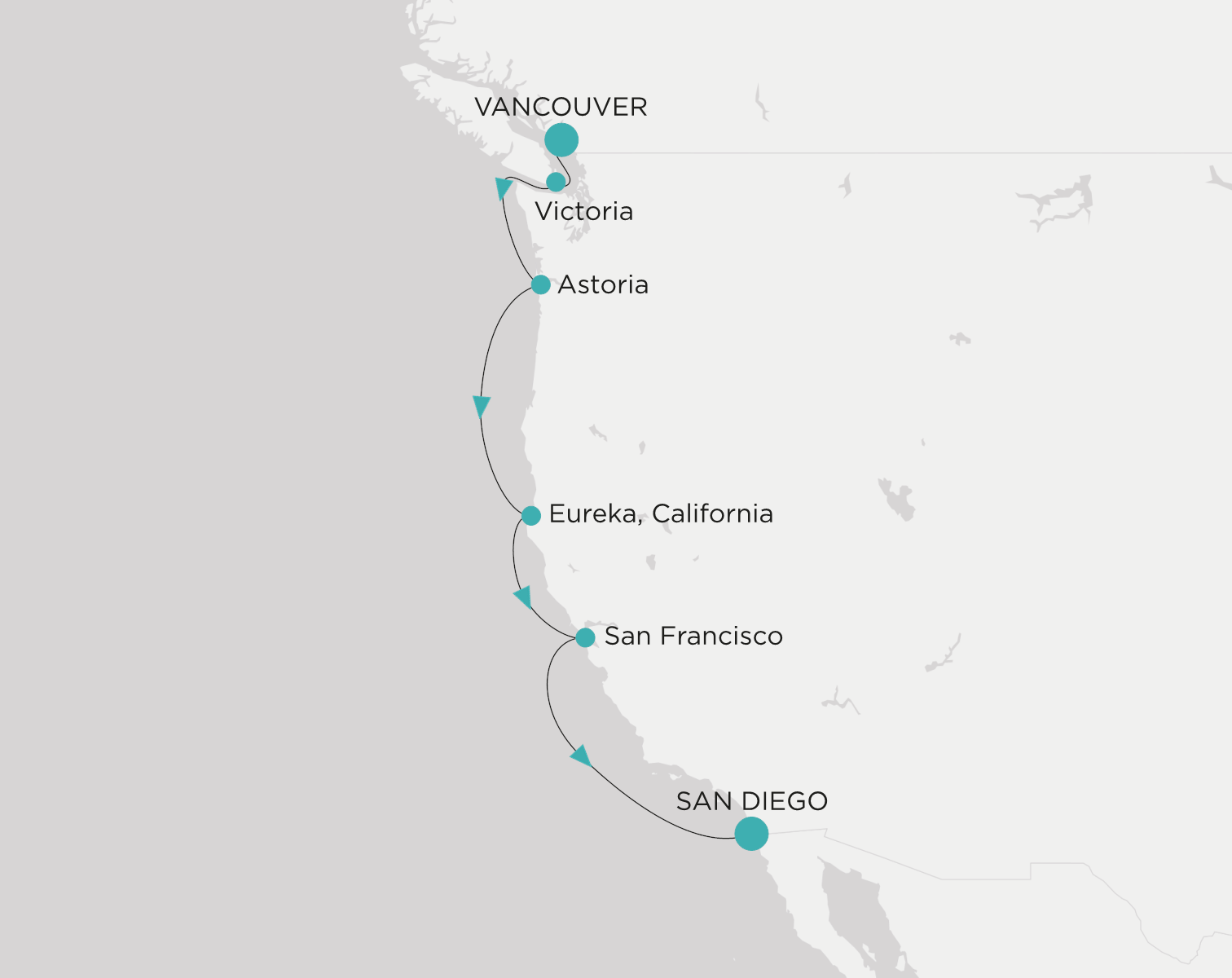 Crystal Symphony CSY-007-260817 official itinerary map from Vancouver to San Diego