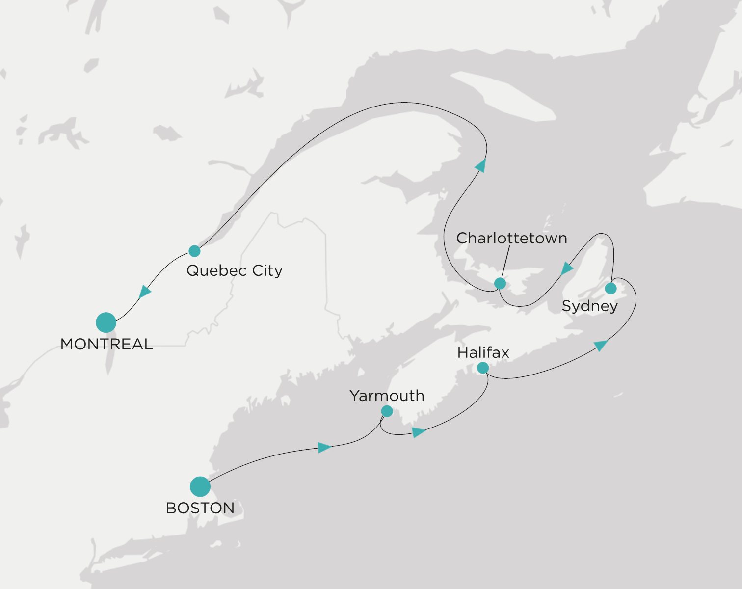Crystal Symphony CSY-007-261009 official itinerary map from Boston to Montreal