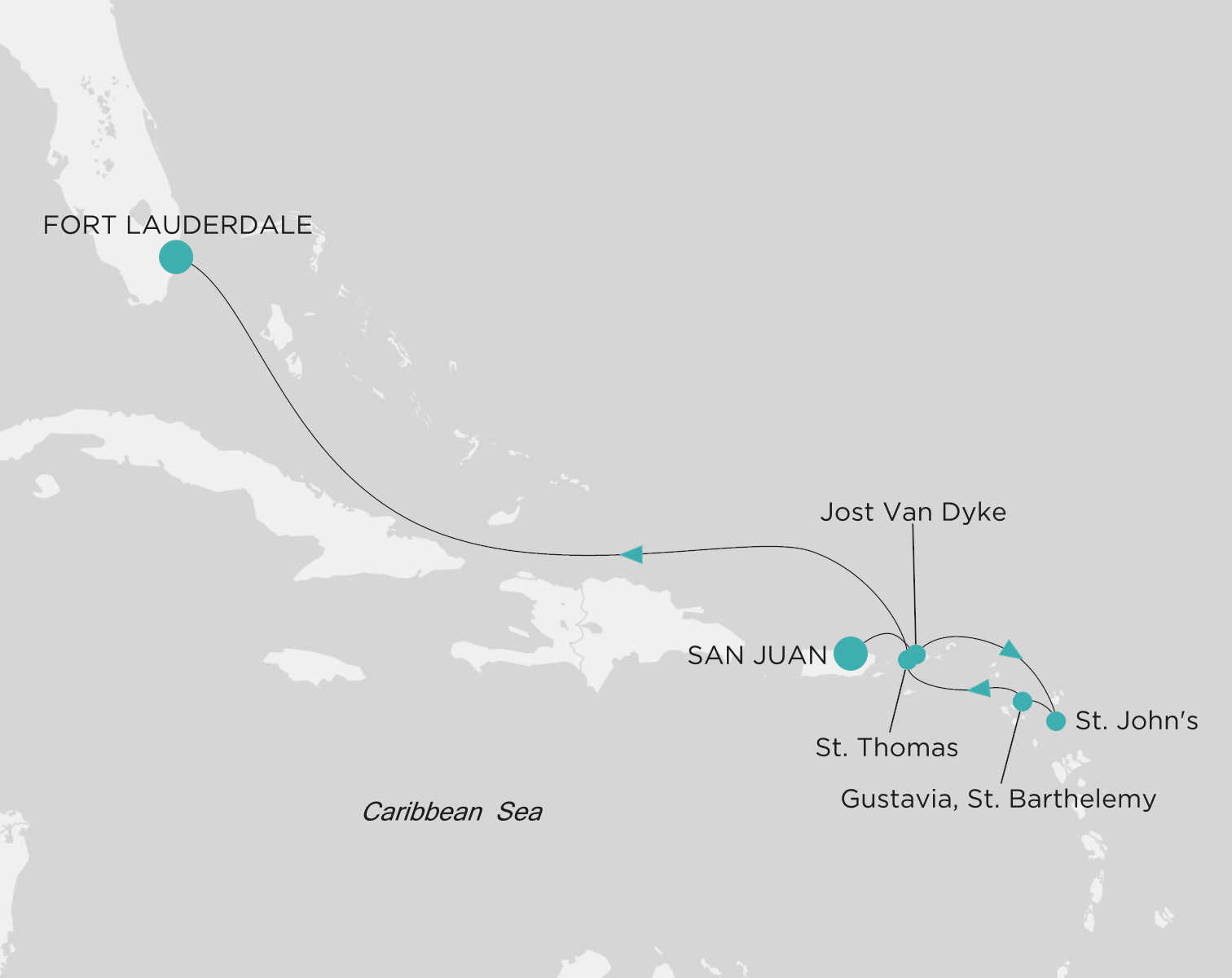 Crystal Symphony CSY-007-261104 official itinerary map from San Juan to Fort Lauderdale